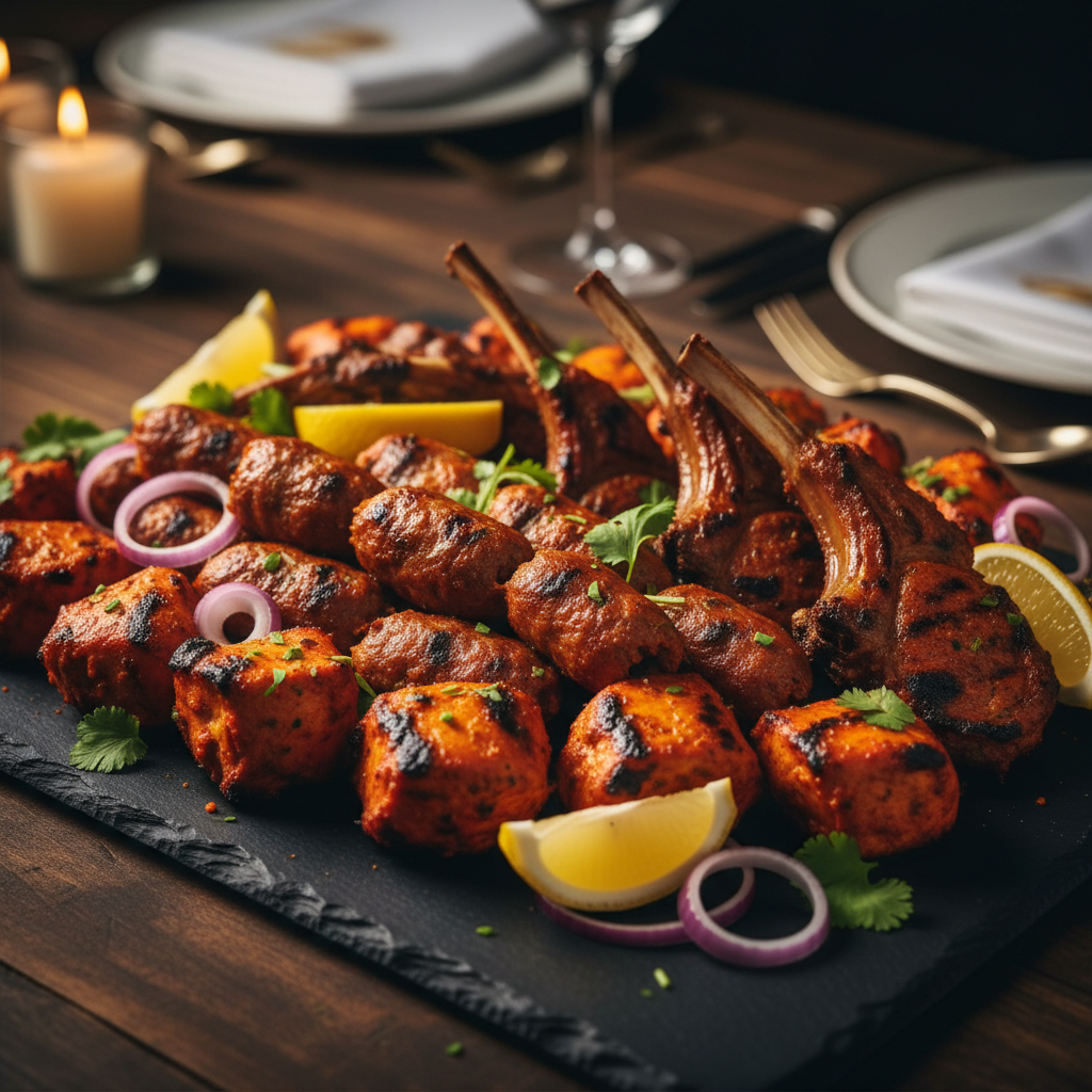Grilled kebab and chicken tikka platter at Indian catering event