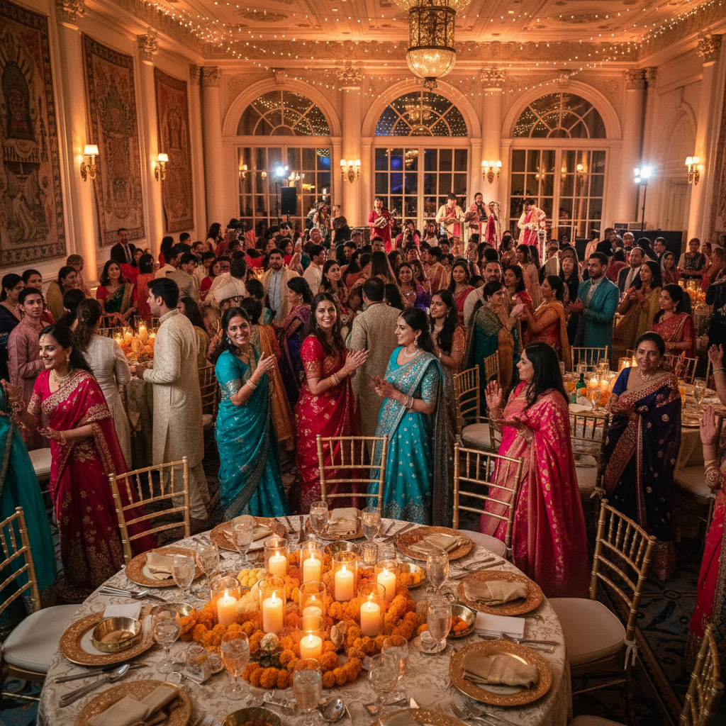 Colorful Indian sangeet celebration with guests and food